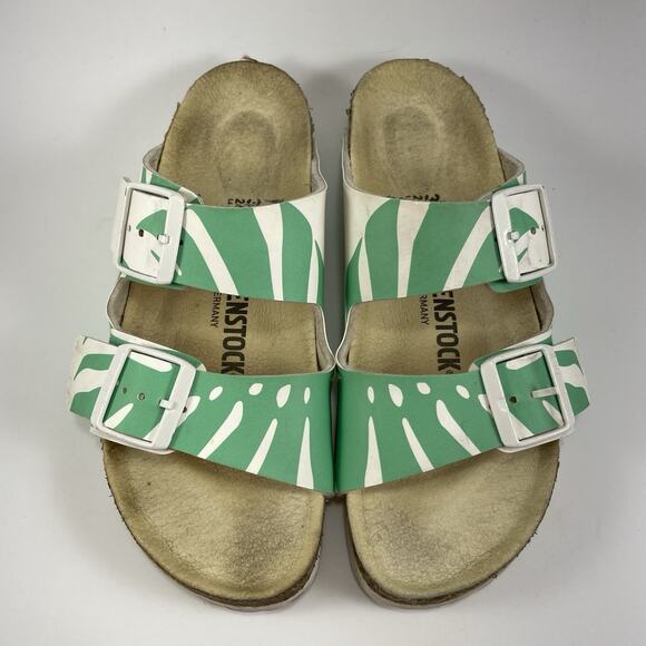 Birkenstock Arizona Slide Sandals Womens Size 37, US 6-6.5 White Green Leafs - Picture 1 of 10